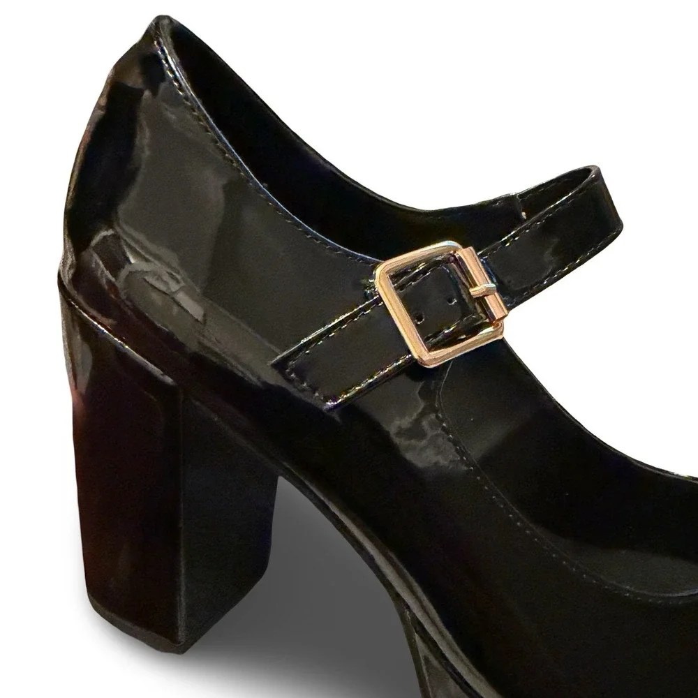 Coutgo Black Patent Leather Platform Mary Jane Block Heels Sz 11 NEW